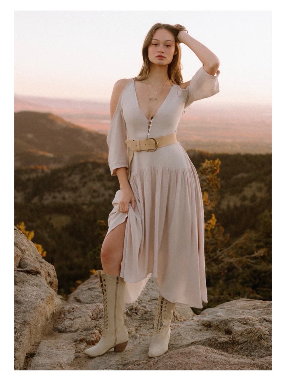 Joyfolie Cream Cold-Shoulder High-Low Midi Dress